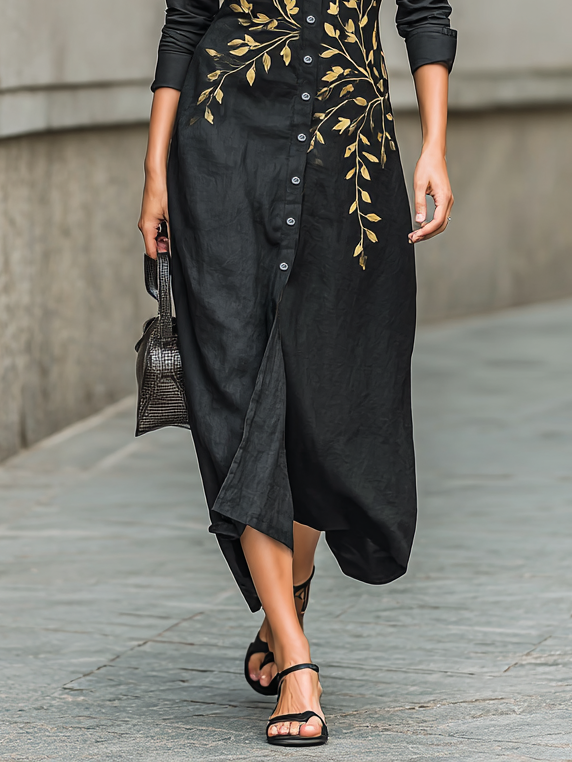 Women's Cotton And Linen Blend Leaf Embroidered Shirt Maxi Dress MDA1415H1Y