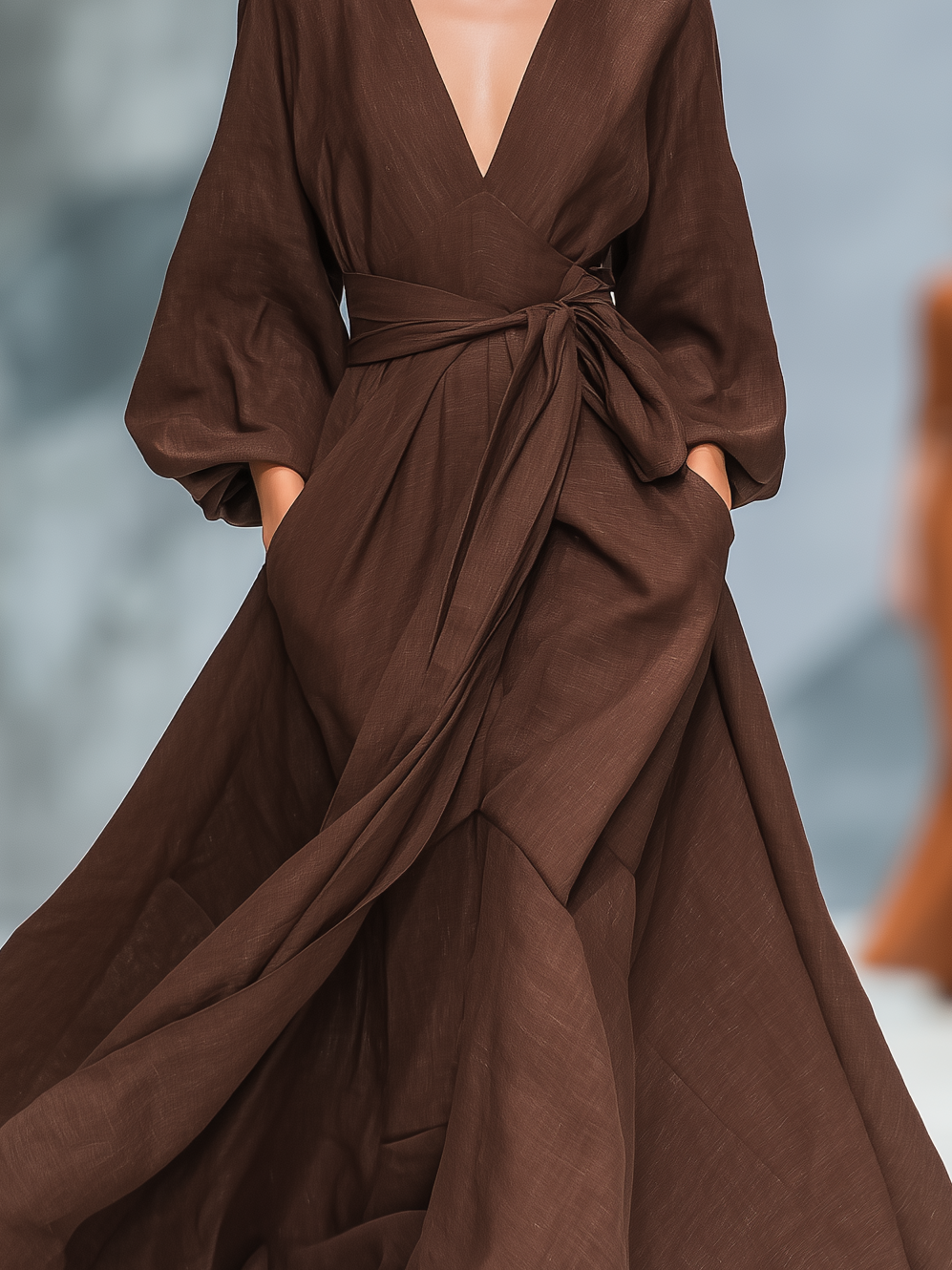 Women's Elegant Dark Brown V-neck Long-sleeved Cotton And Linen Blend Woven Maxi Dress MDA3112L3AN