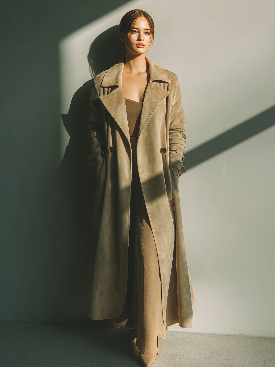 Women's Beige Elegant Suede Double - Breasted Trench Coat MDA2096J2I