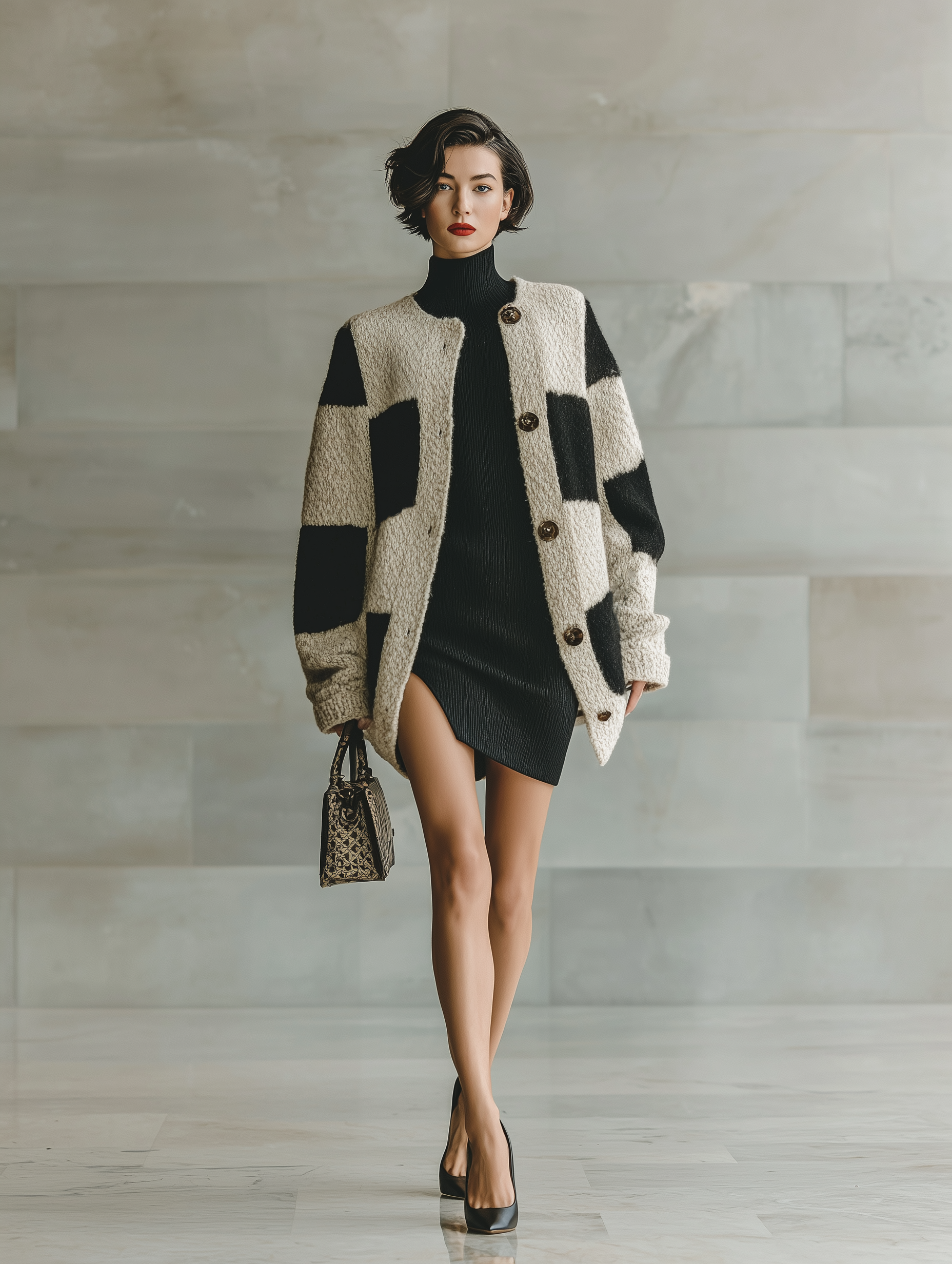 Women's Black And White Colorblock Thick Knit Loose Casual Cardigan MDA0962I7T