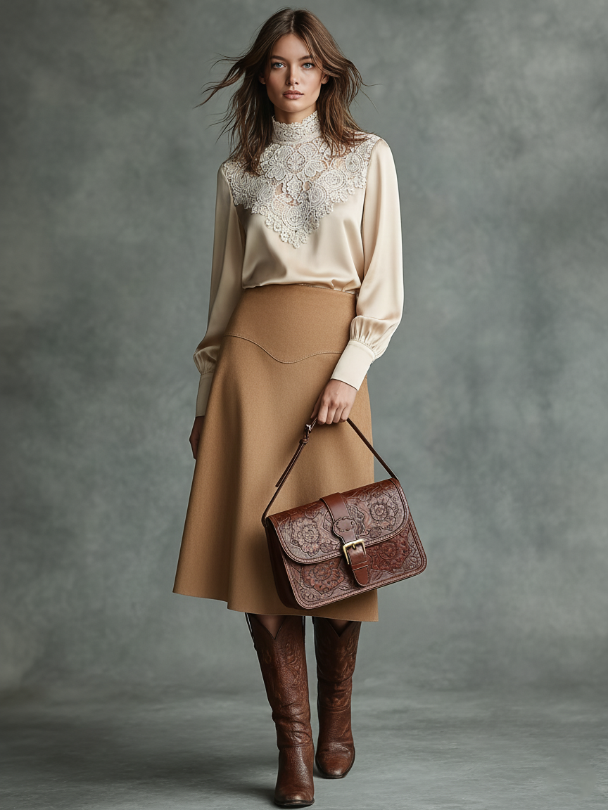 Women's Satin Blouse Neckline With Lace Suede Skirt Set MDA0898K3Y