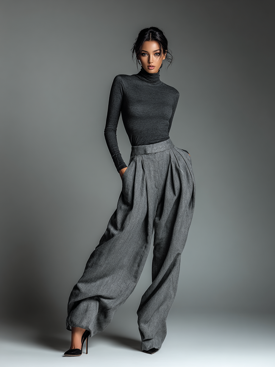 Women's Solid Color Tight High Neck T-shirt And Trousers Set MDA1365H8Y