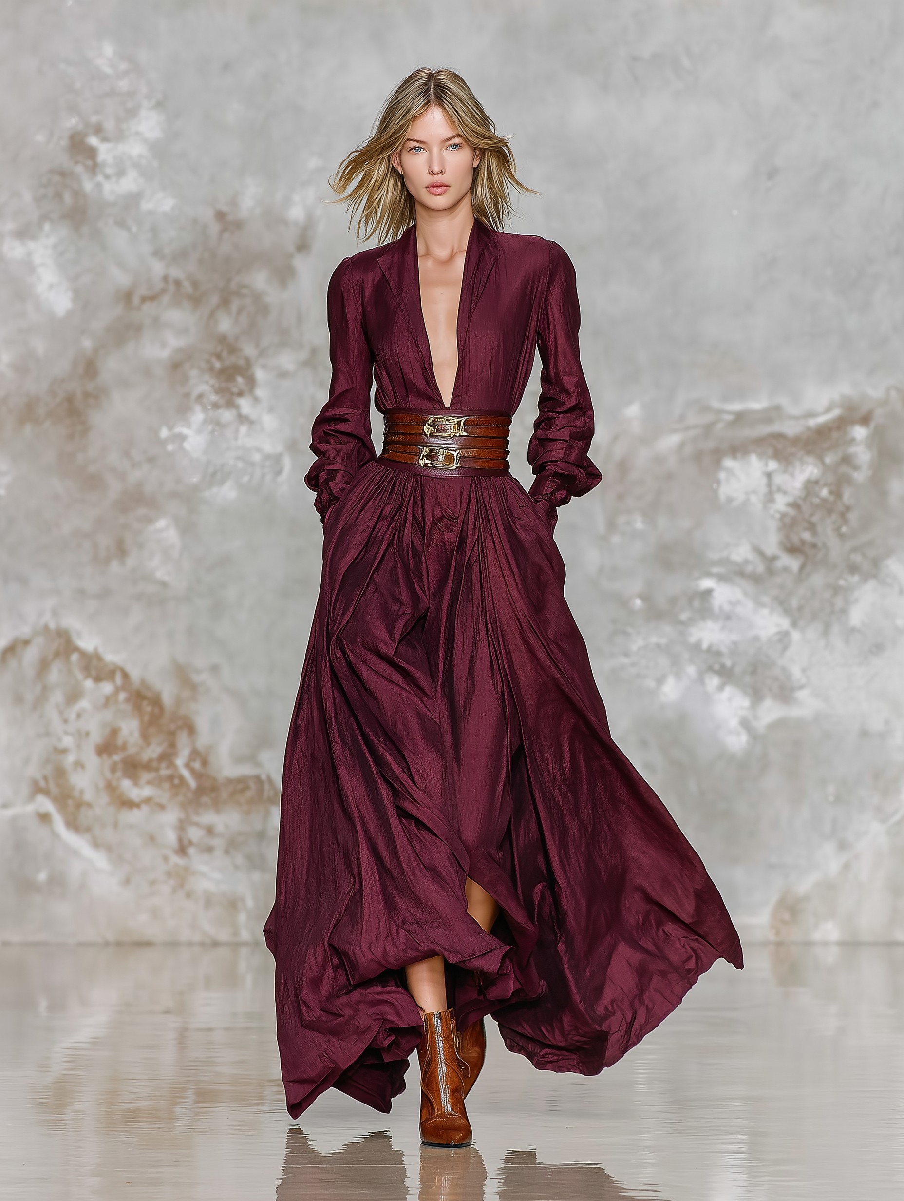Women's Fashionable And Elegant Burgundy V-neck Long-sleeved Woven Non-stretch Fabric Fitted Waist Long Dress (belt Not Included) MDA0406L6AN