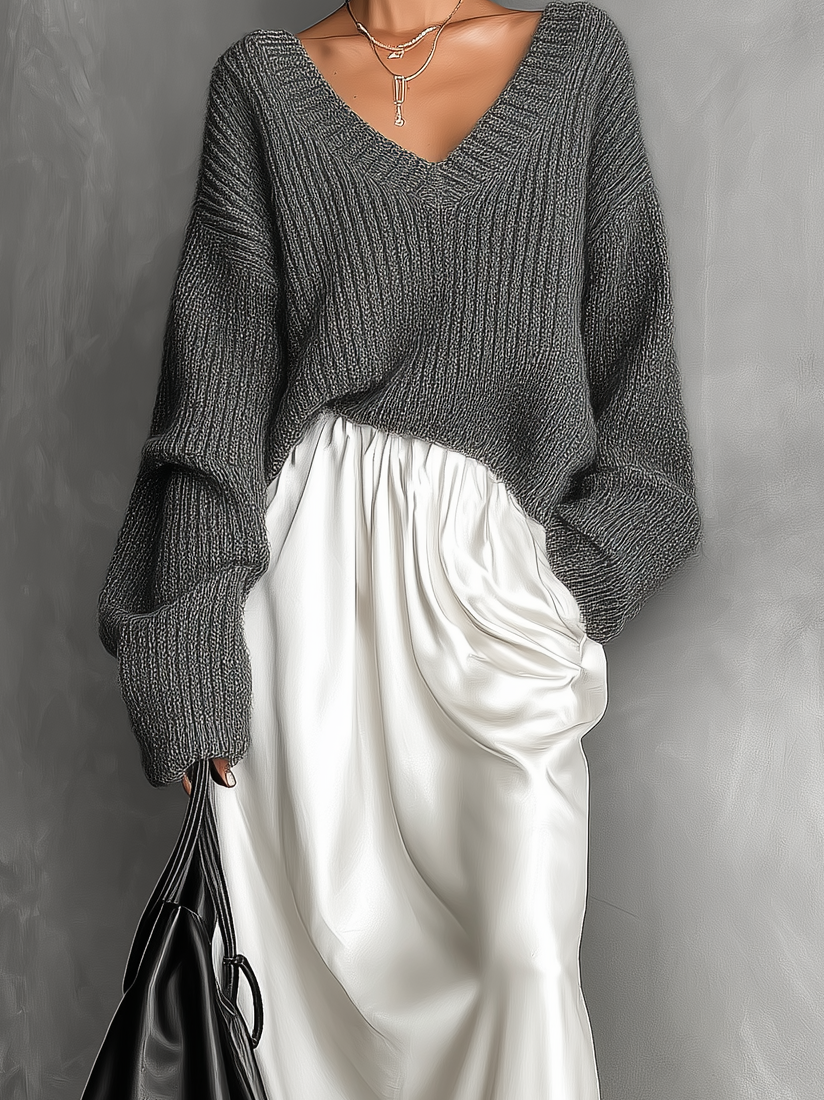 Women's Fashionable And Elegant Gray V-neck Long-sleeved Loose Knit Top Paired With A White Glossy Satin Midi Skirt MDA2992K7AN