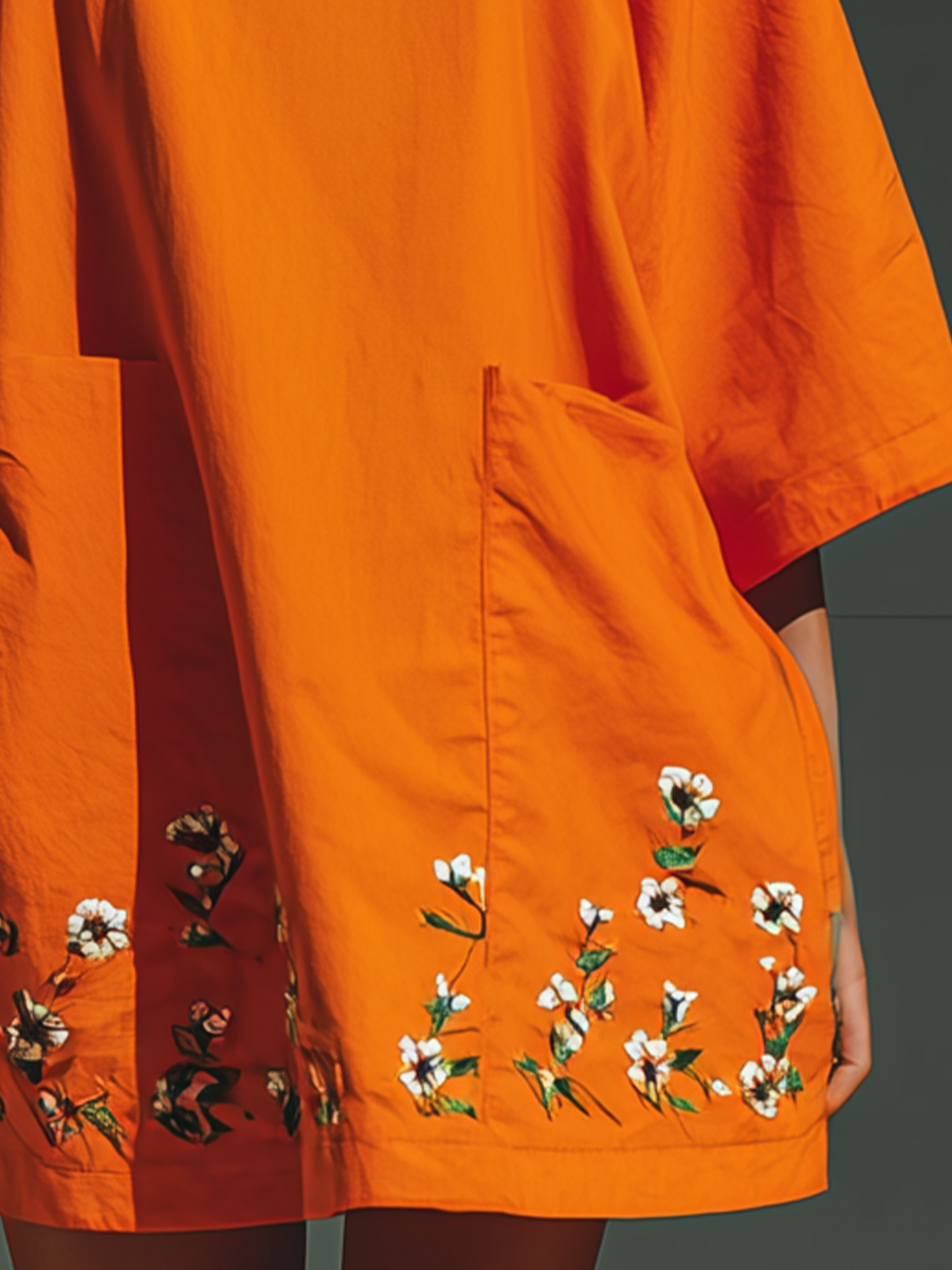 Women's Orange Cold-Shoulder Mini Dress With Floral Embroidery MDZ2679B1T