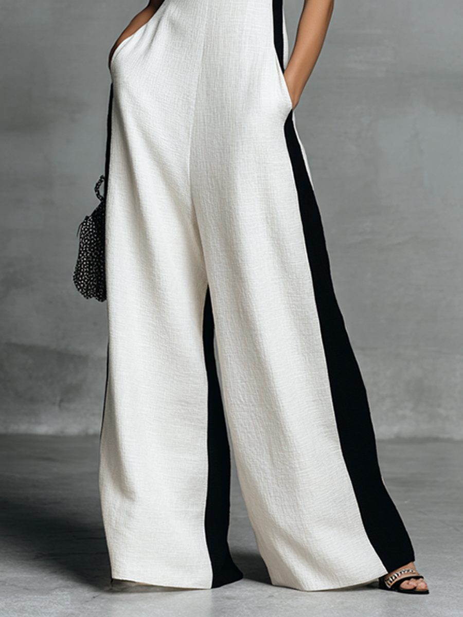 Women's Fashion Black and White Cotton Linen Color Block Thin Strap Jumpsuit MDZ0528B0BA