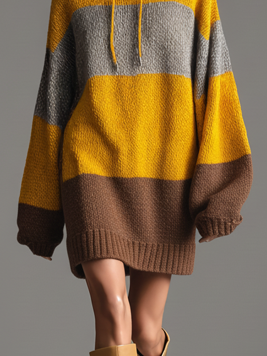 Women's Yellow, Brown And Gray Color-blocked Knitted Hooded Loose Sweater Mini Dress MDA0196K9T