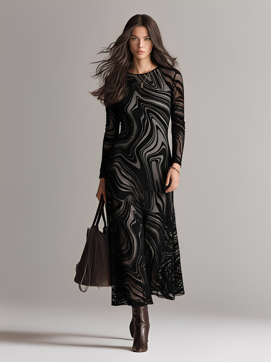 Women's Black Patterned Sheer Dress With Round Neck & Relaxed Fit, Sophisticated Casual-Evening Style Dress MDA1774L9I