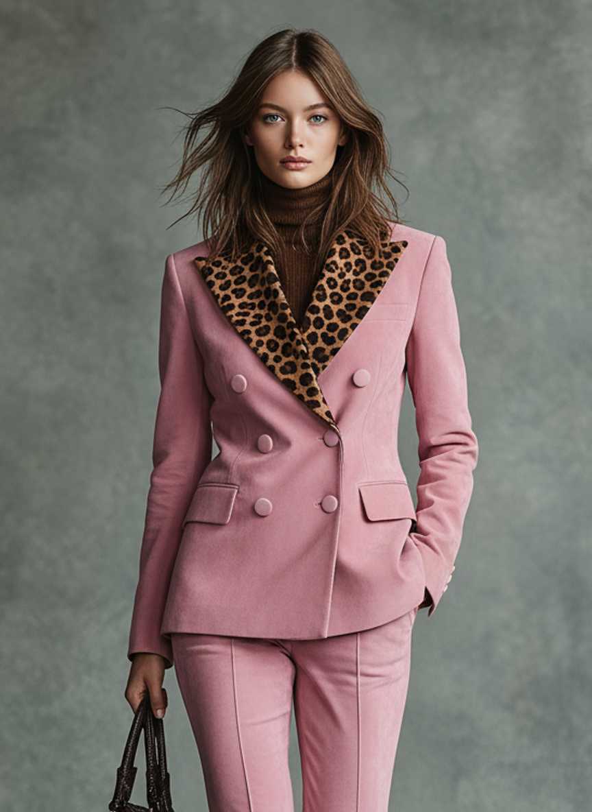 Women's Faux Suede Patchwork Leopard Print Lapel Double-breasted Blazer And Flared Trousers Set MDA0620K0Y