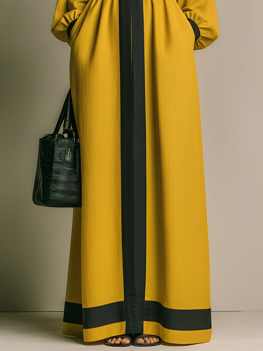 Women's Mustard Yellow Stretchy Woven Dress With Black Contrast Trim & Deep V-Neck, Timeless Bold-Elegant Style Dress MDA1854L8I