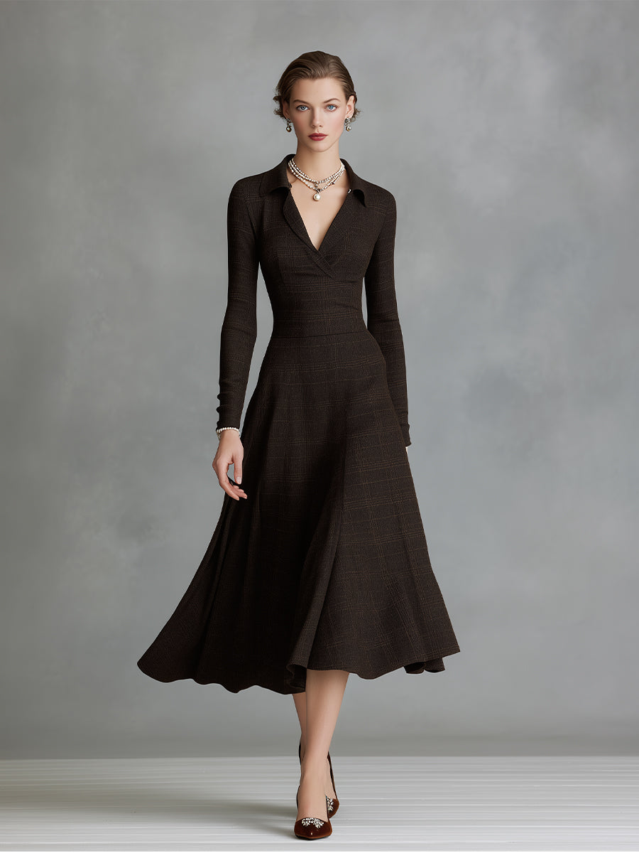 Women's Brown Chic Tailored Plaid Knit Midi Dress MDA0877I5I