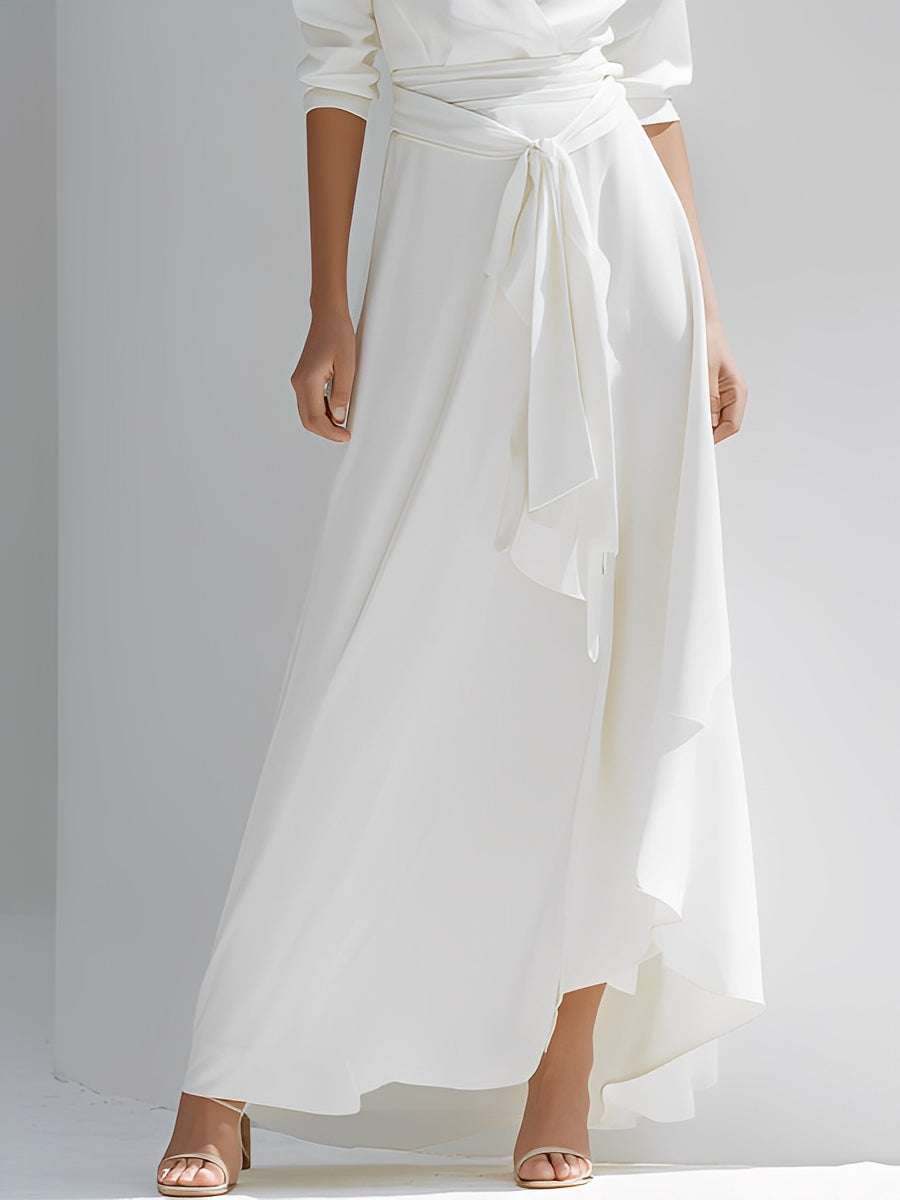 Women's Ivory Flowy Dress With Wrap Silhouette & Asymmetric Hem, Modern Effortless-Sophisticated Style Dress MDA2582L3I