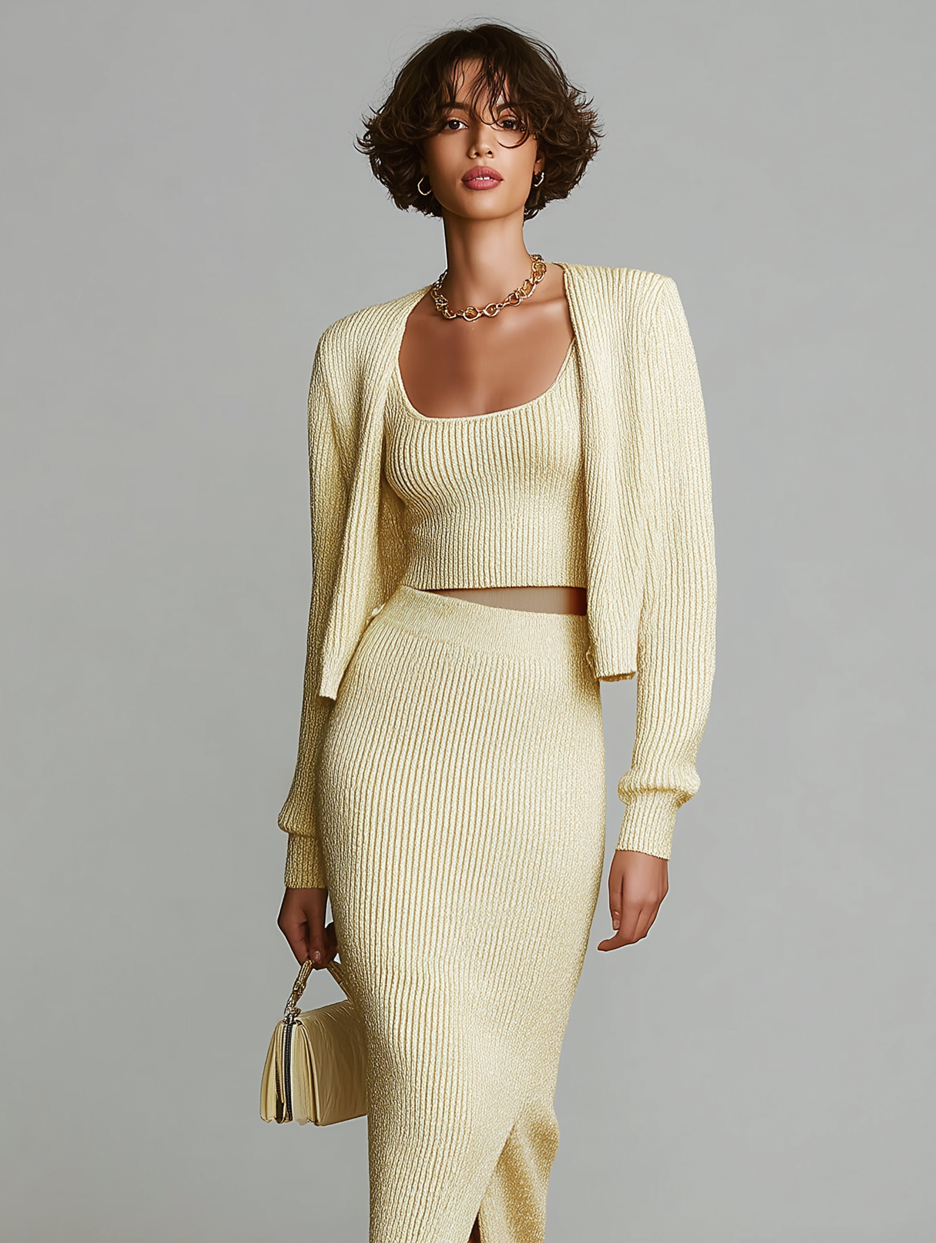 Women's Minimalist Knitted Vest, Cardigan, And Skirt Three-piece Set MDA2490K6Y