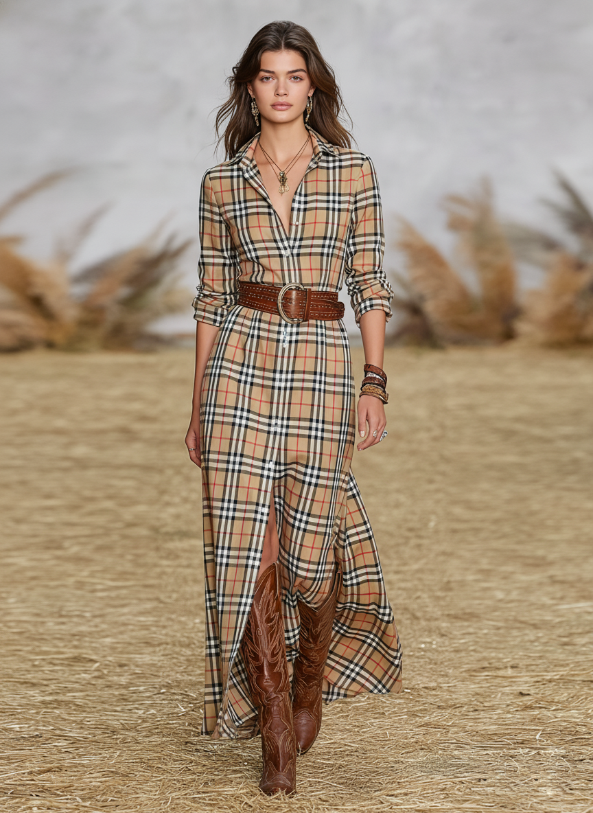 Women's Plaid Single-breasted Shirt Dress (excluding Belt)