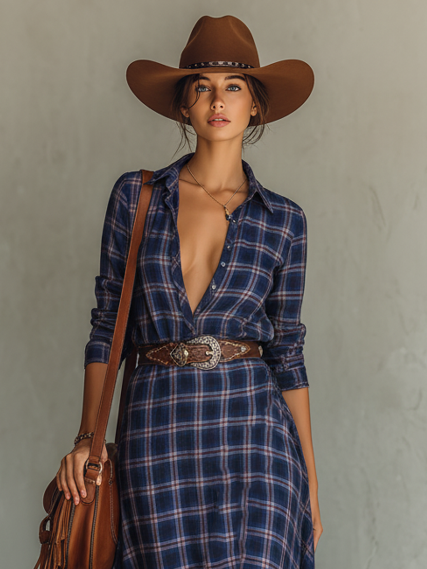 Women's Casual Plaid Print Shirt Collar Maxi Dress (belt Not Included) MDA2990J3Y
