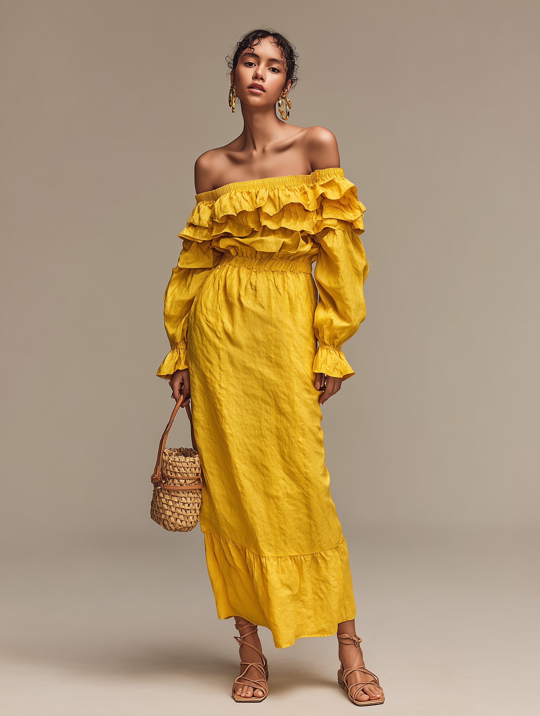 Women's Fashionable Yellow Elastic Off-Shoulder Woven Long-Sleeved Midi Dress MDA1575L5AN