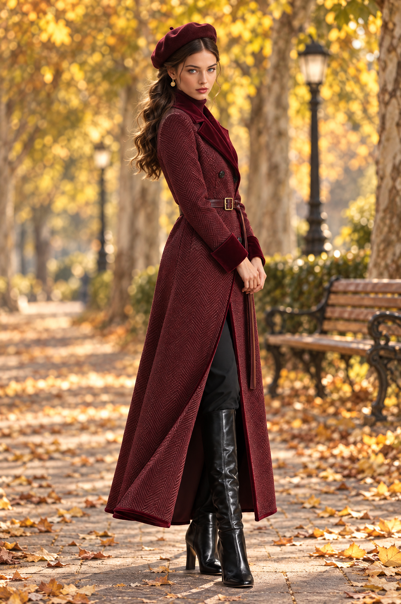 Women's Herringbone Cotton Blend Maxi Coat With Velvet Trim & Belt