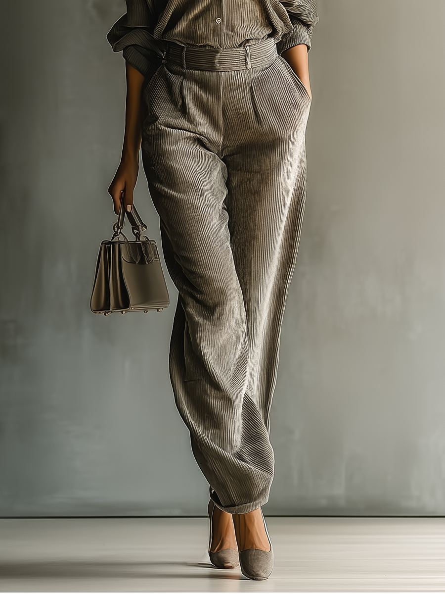 Women's Light Grey Corduroy Shirt And Pants Set MDA1559I8T