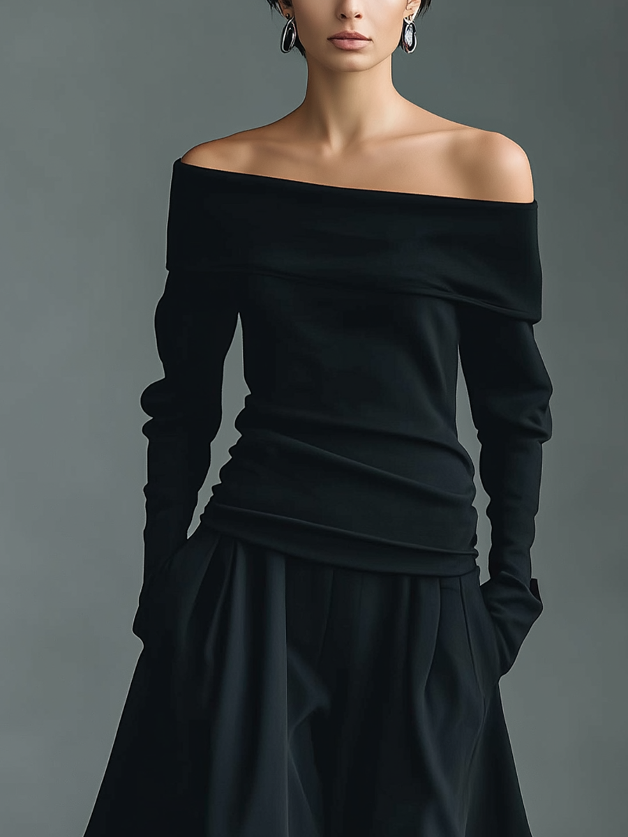 Women's Black Knit Off-Shoulder Fitted Top And Chiffon Skirt Set MDA1430K2T