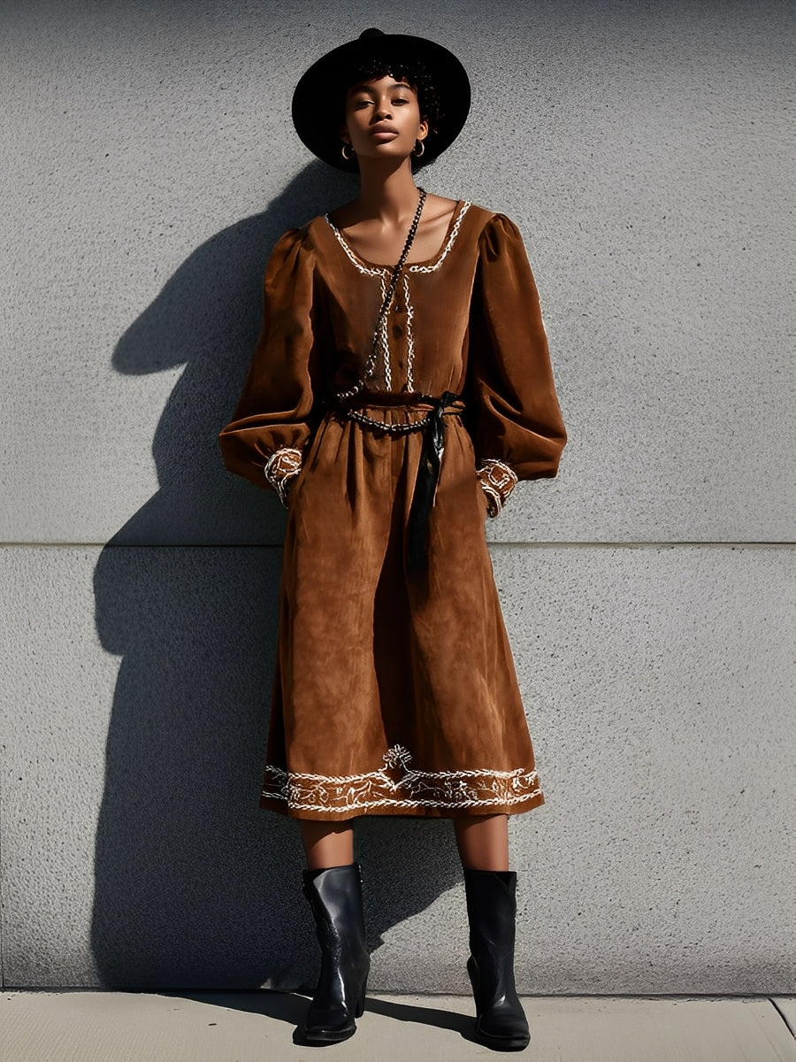 Women's Brown Vintage Faux Suede Folk - Embroidered Midi Dress MDA2139J6I