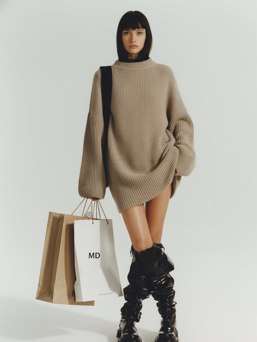 Women's Beige Knit Oversized Slouchy Hem Sweater Dress With Houndstooth Scarf MDA3169J2I