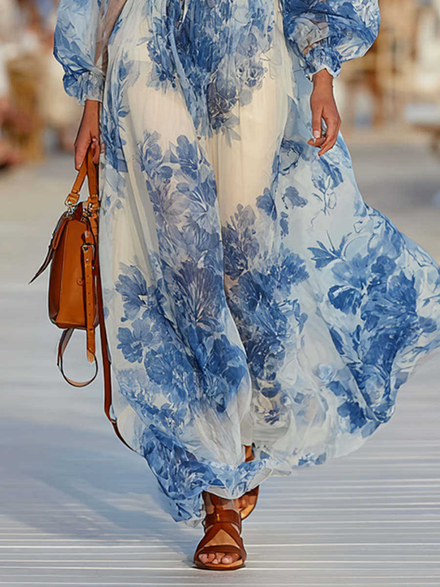 Women's Floral Print Half Turtleneck Lantern Long Sleeve Drawstring Maxi Dress MDA2332G8Y