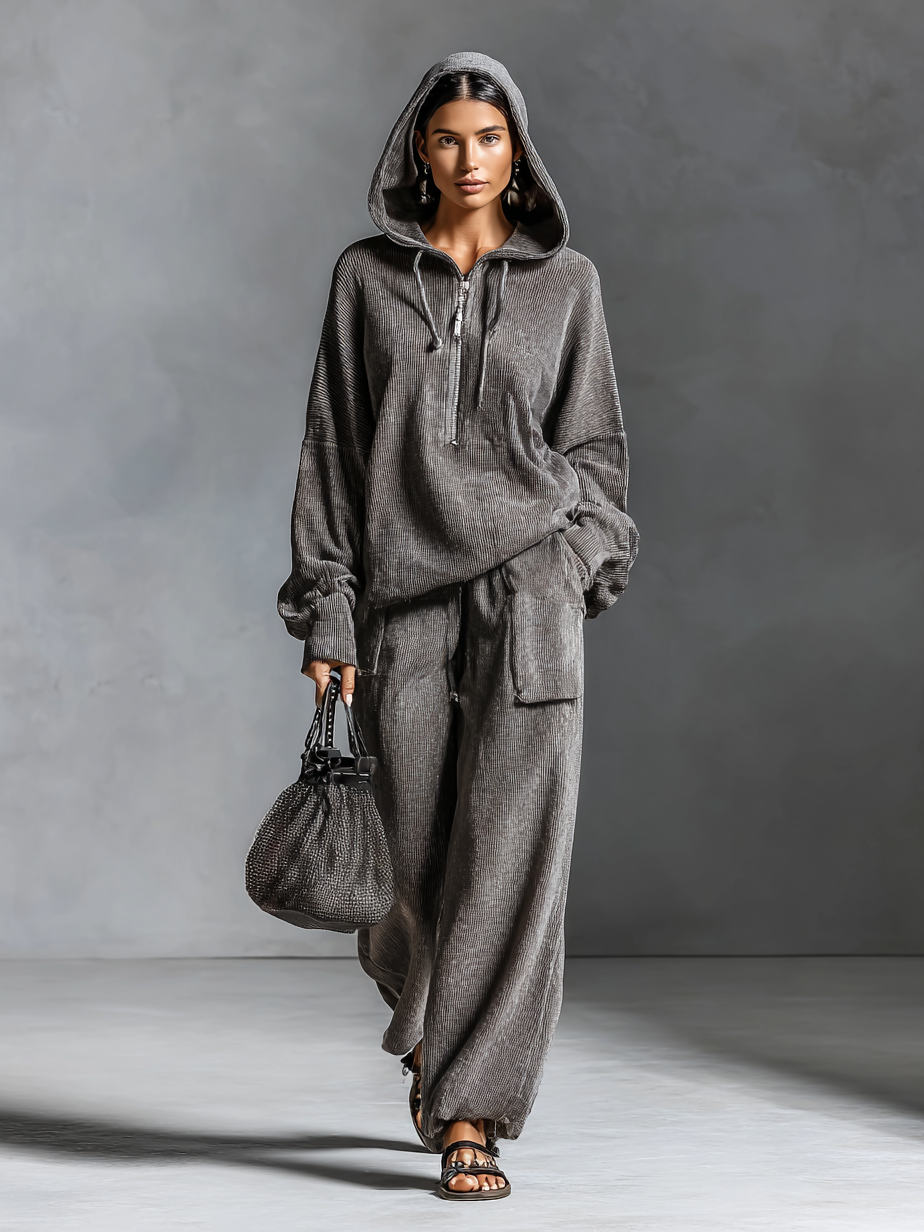 Women's Casual Corduroy Hooded Sweatshirt Straight Pants Set MDA1964H5Y