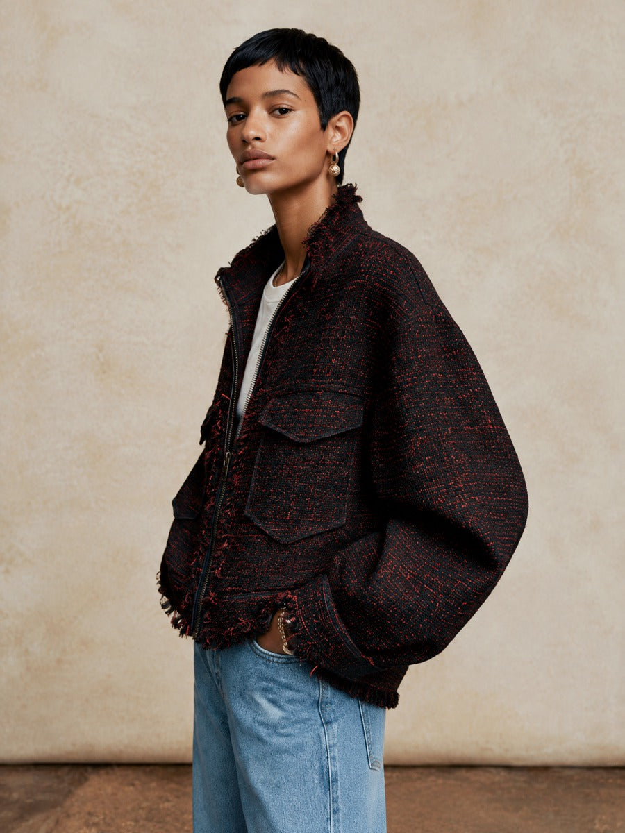 Women's Frayed Trim Casual Stand Collar Tweed Jacket