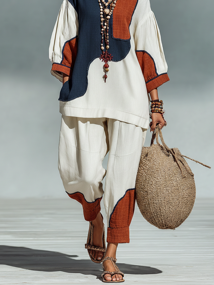 Women's Multicolor Patchwork Linen Set With Relaxed Fit & Patchwork Detail, Timeless Boho-Chic Style Set MDZ2700B6I