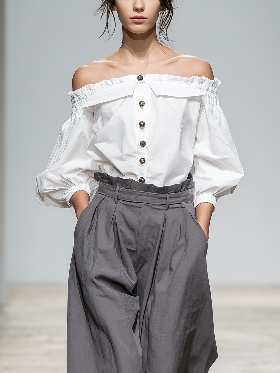 Women's White Cotton Off-the-shoulder Top And Gray Cotton-linen High-waisted Wide-leg Pants Set MDA0551L8T