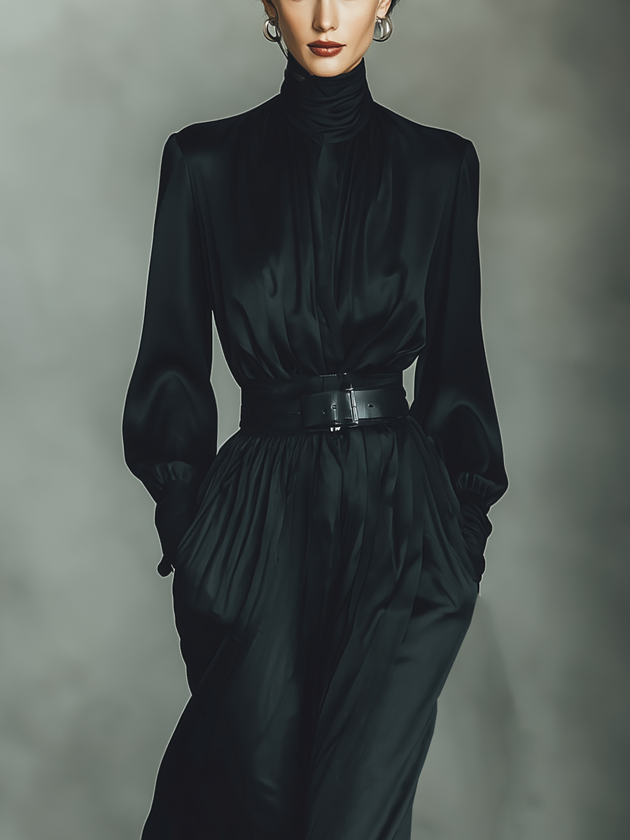 Women's Black Satin High-neck Fitted Waist Long-sleeved Dress MDA2159K5T