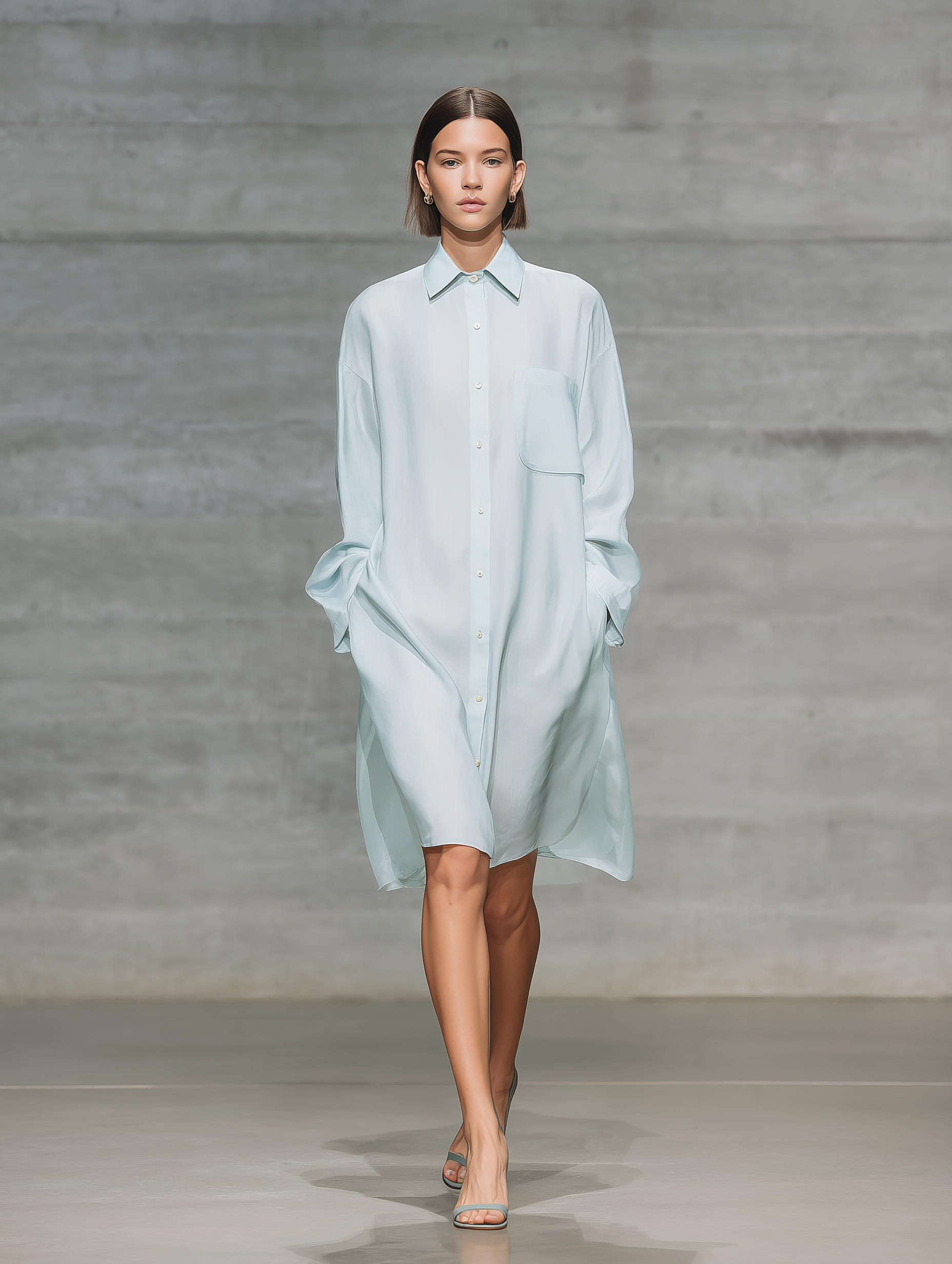 Women's Elegant Light Blue Chiffon Loose-fitting Long-sleeved Shirt Dress With Lining MDA3082L9AN