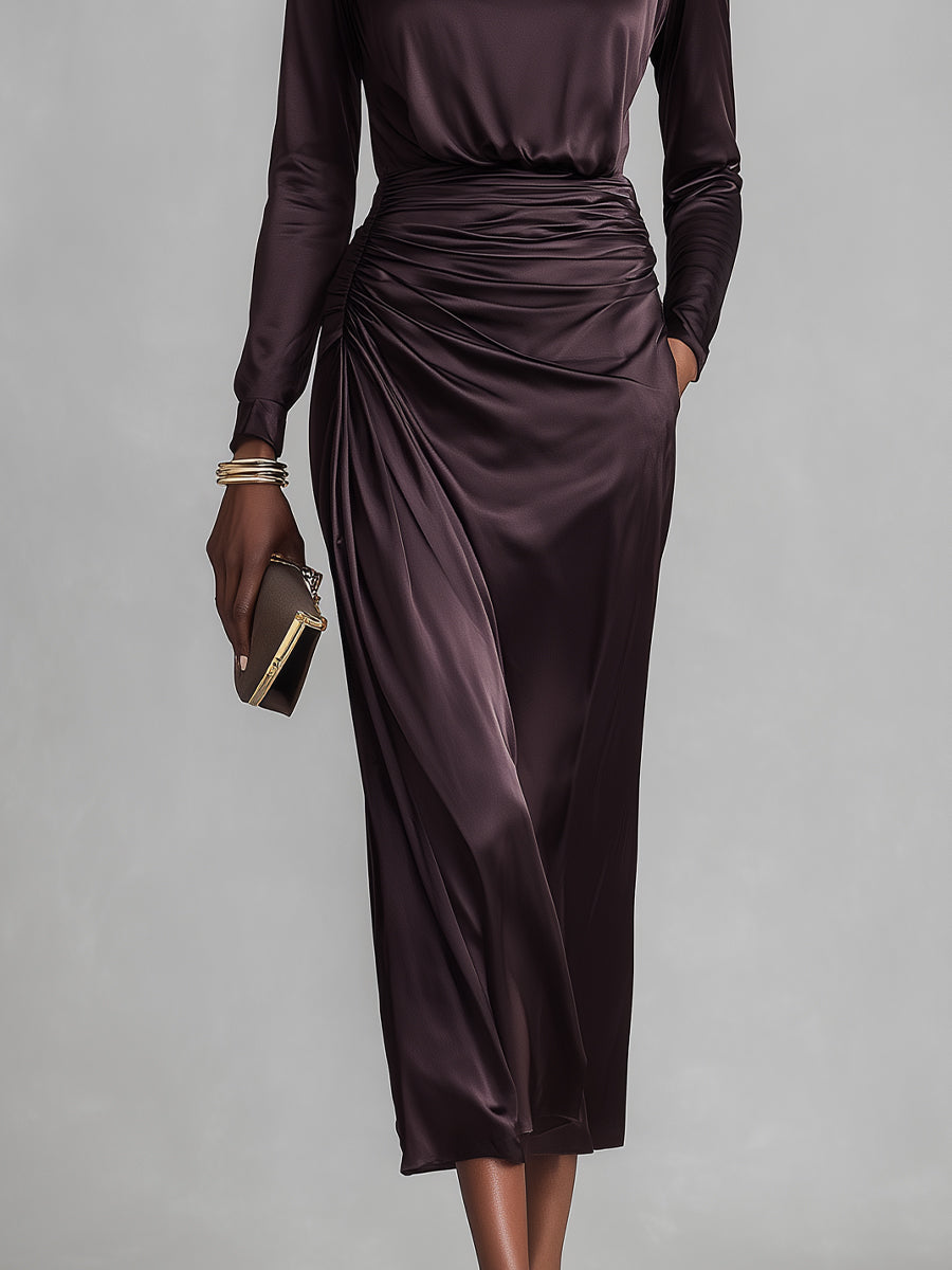 Women's Plum Satin Elegant Dress With Boat Neck & Ruched Waist, Glamorous Evening Style Dress MDA2619K4I