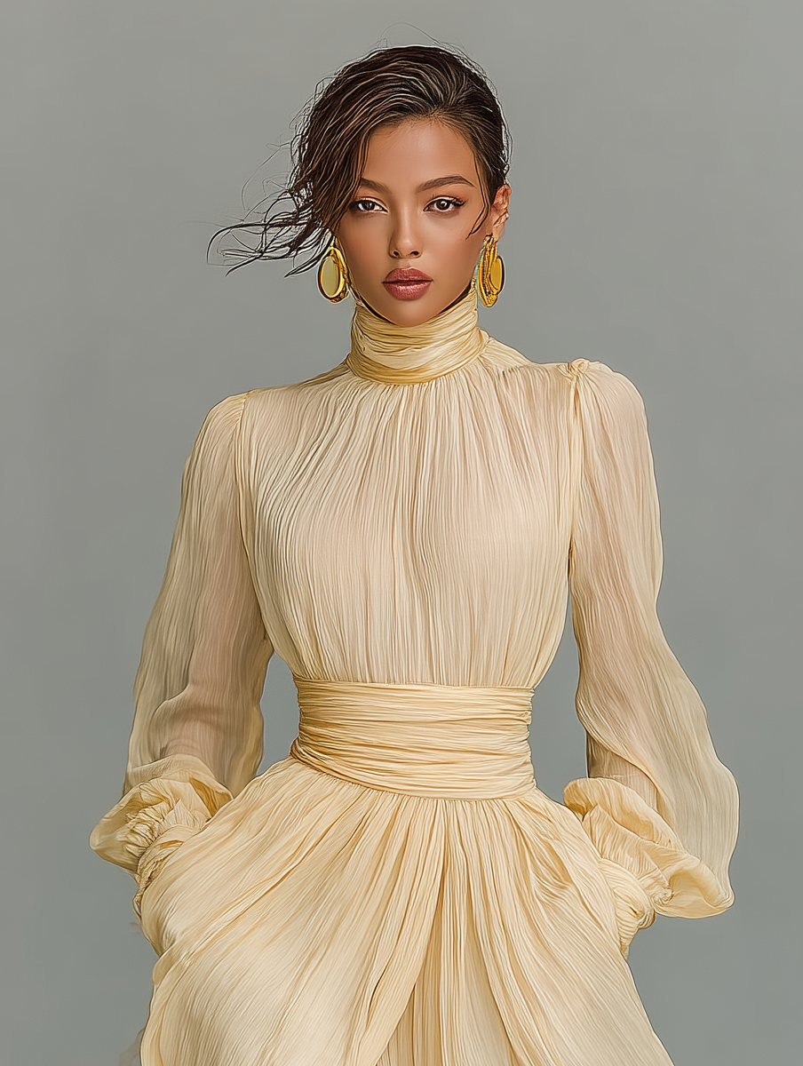 Women's Fashionable And Elegant Light Yellow Pleated Chiffon Long-sleeved High-neck Dress With A Fitted Waist MDA1721K1AN