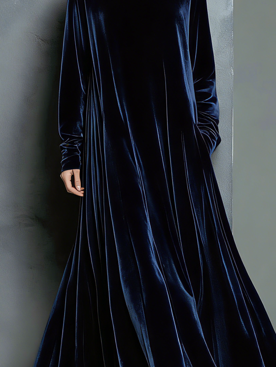 Women's Elegant Navy Blue Velvet High-neck Long-sleeved Loose-fitting Maxi Dress MDZ1680A8AN