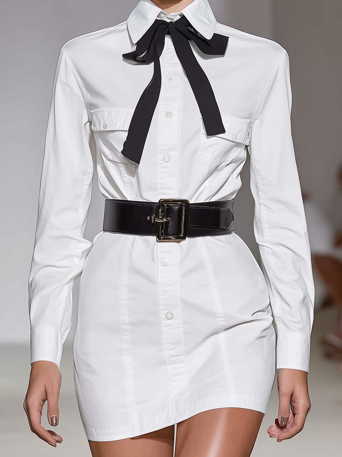 Women's Fashionable Casual White Long-sleeved Shirt Dress With Black Belt And Waist-cinching Design And Bow Tie MDA2107K0AN
