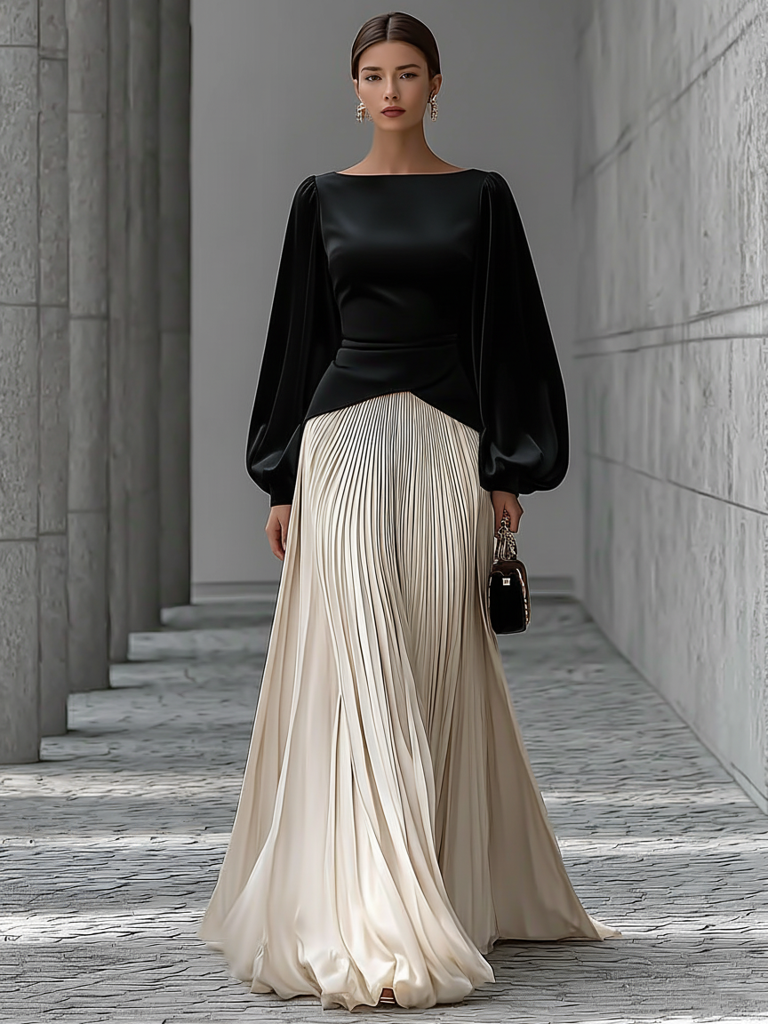 Women's Minimalist Velvet Patchwork Pleated Hem Maxi Dress MDA2615K7Y