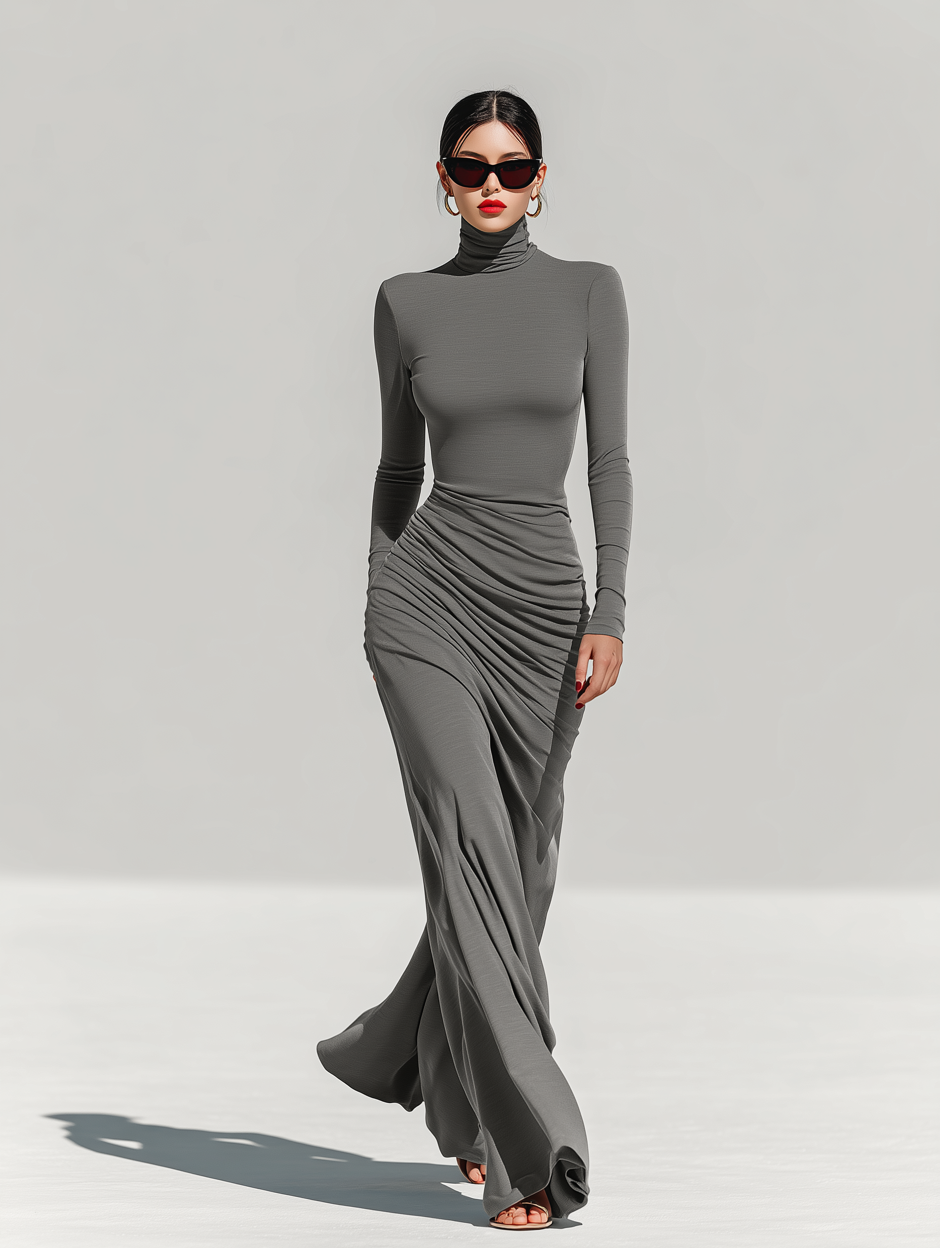 Women's Fashionable, Elegant, And Versatile Gray Turtleneck Long-sleeved Stretch Slim-fit Maxi Dress MDA2545K0AN
