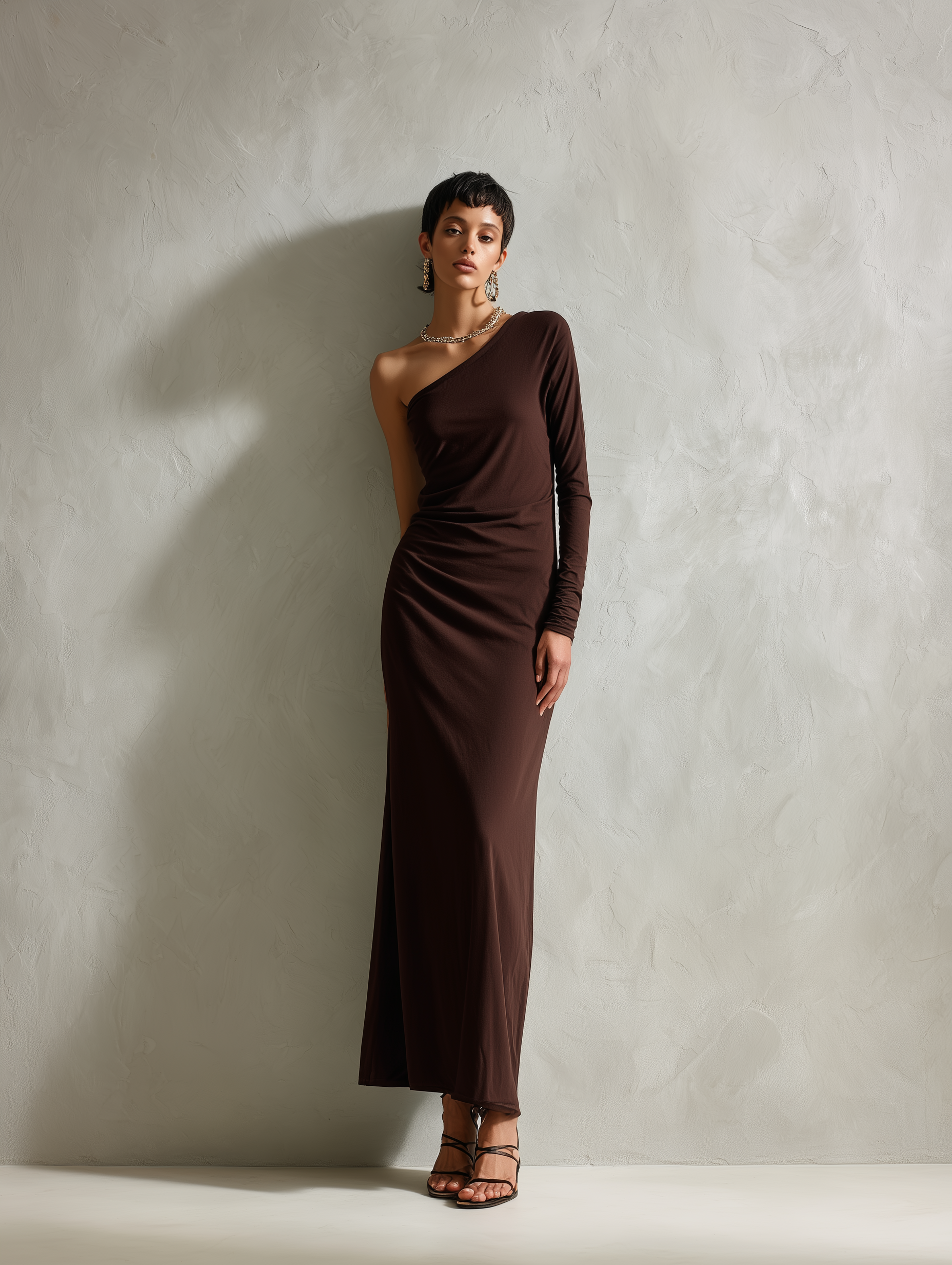 Women's Elegant Dark Brown One-shoulder Long-sleeved Stretch Knit Slim-fit Long Dress MDA2445L9AN
