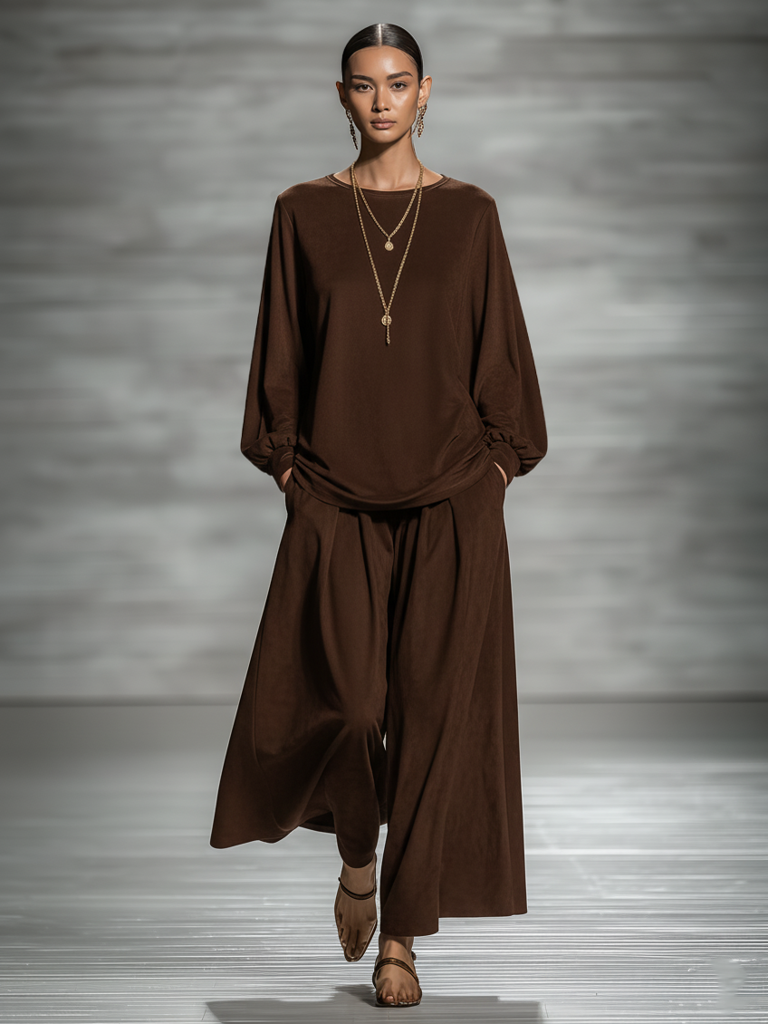 Women's Faux Suede Boat Neck Blouse Wide-leg Pants Set MDA1725K8Y