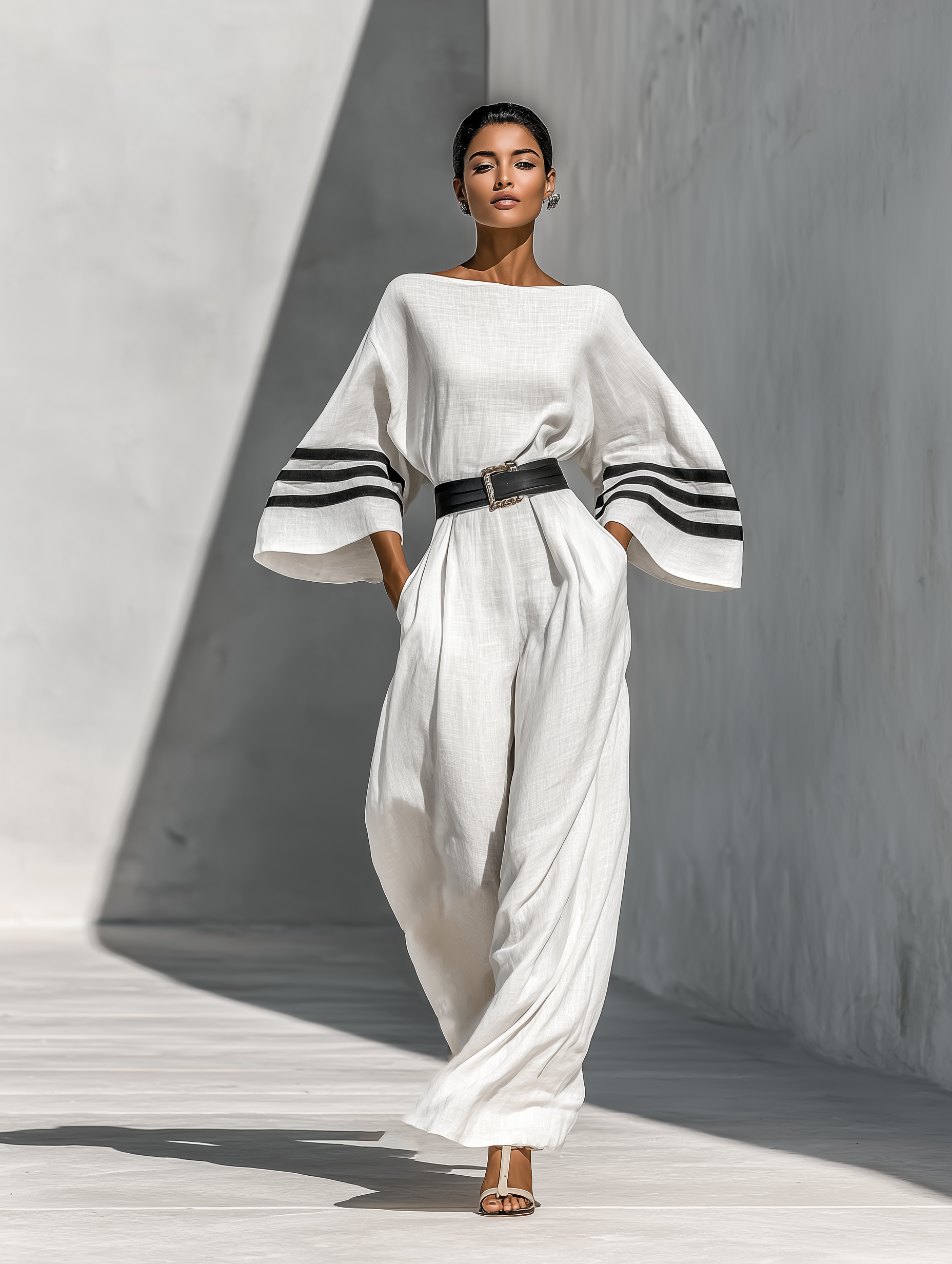 Women's Ivory Linen Fabric Wide-Sleeve Jumpsuit With Striped Cuffs & Belted Waist MDZ0690B3T