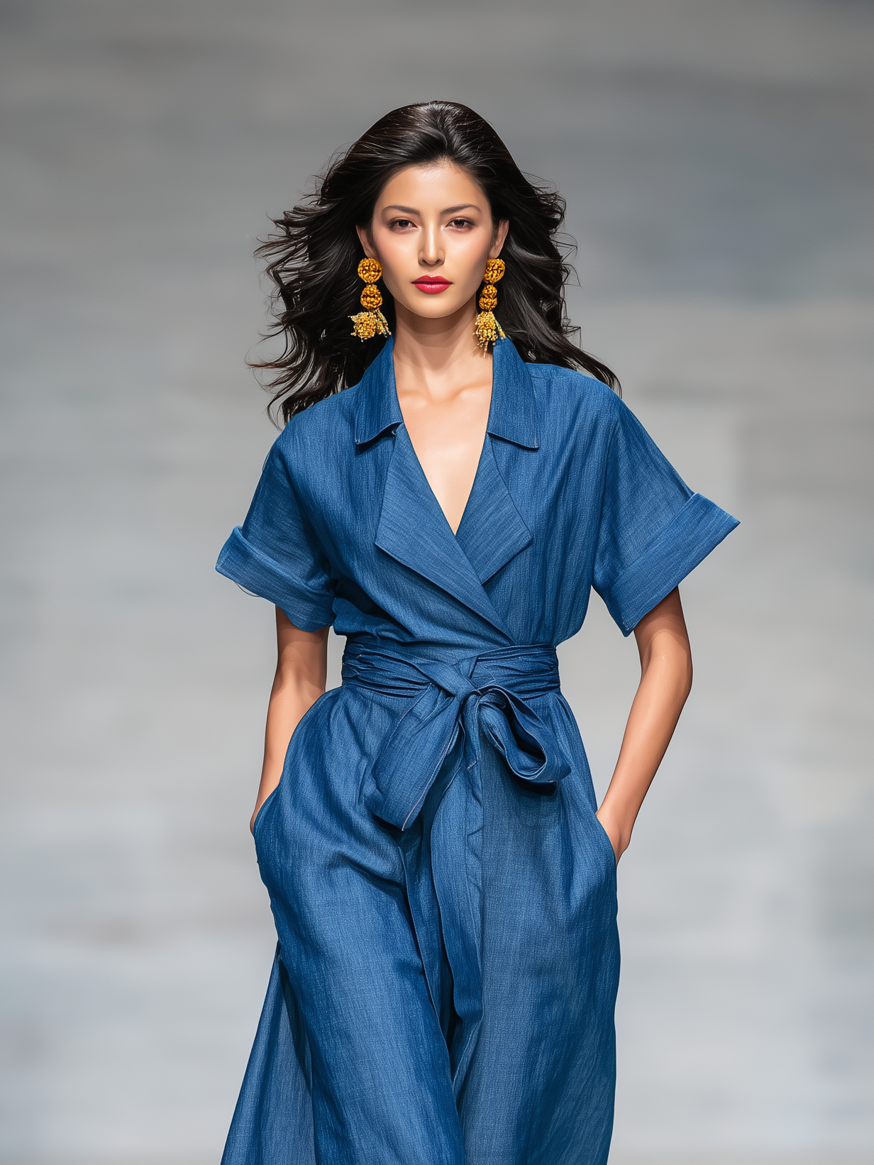 Women's Elegant Blue Denim-look Short-sleeved Jumpsuit MDA3176L7AN