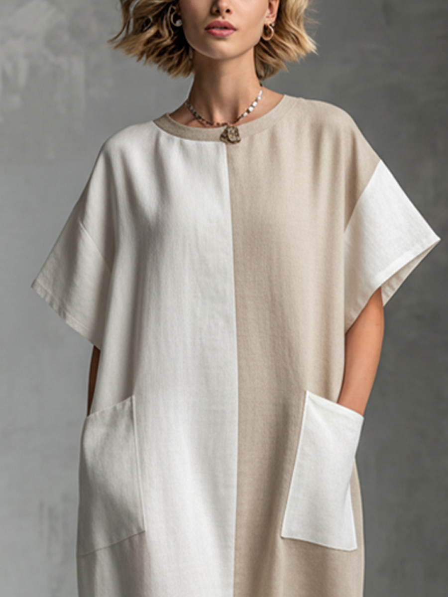 Women's Casual Loose-fitting Dress In White And Khaki Color-blocked Faux Linen Fabric MDZ3099A0BA