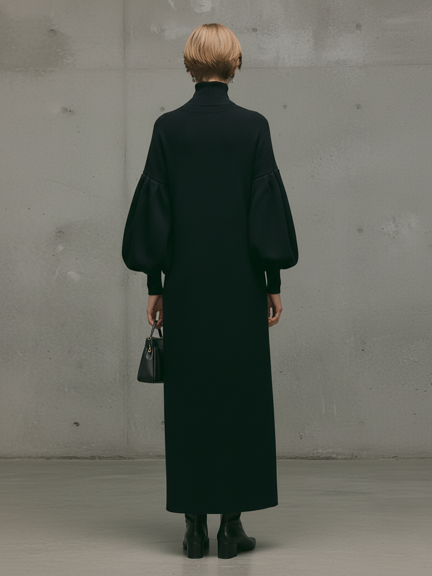 Women's Modern Knit Black Turtleneck Puff-Sleeve Maxi Dress MDA1503L6AU