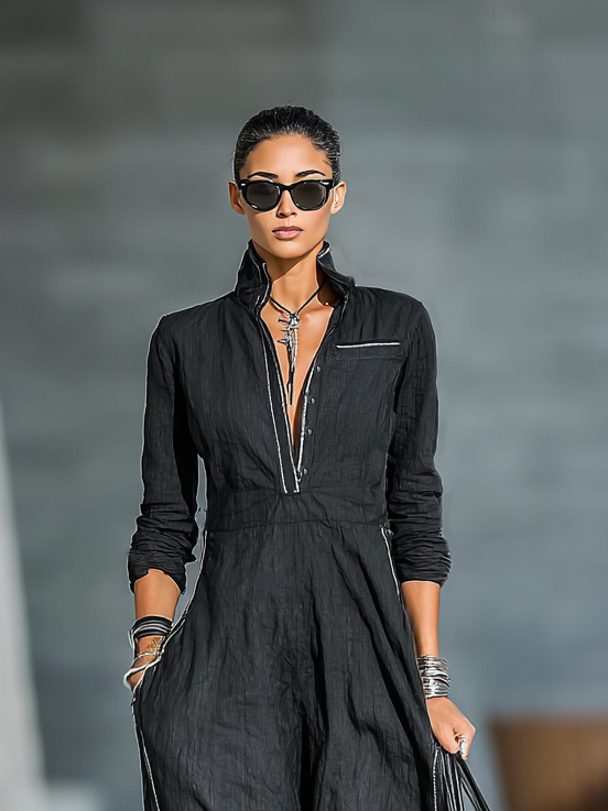 Women's Cotton And Linen Blend White Trim Button Stand Collar Maxi Dress MDA0702H2Y