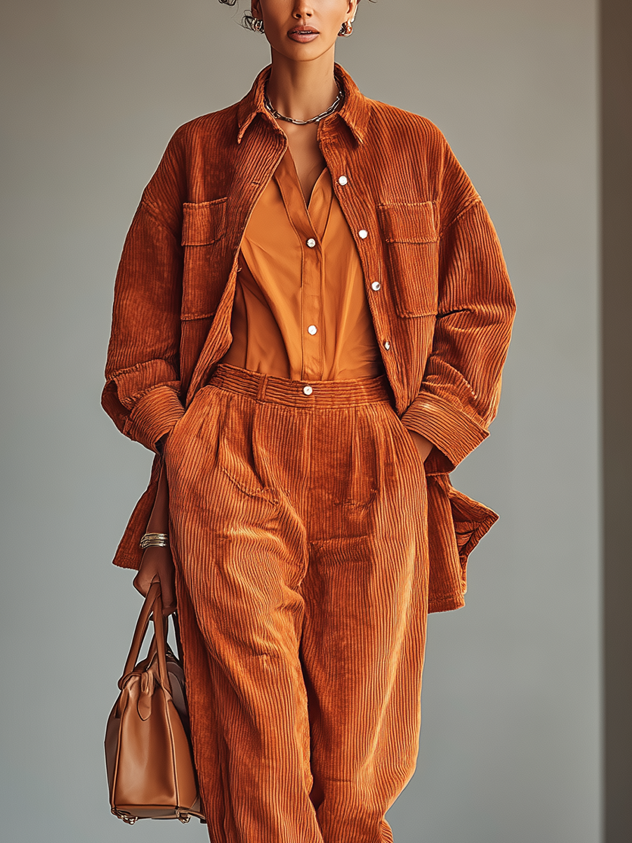 Women's Caramel Corduroy Casual Jacket And Pants Set MDA1739I7T