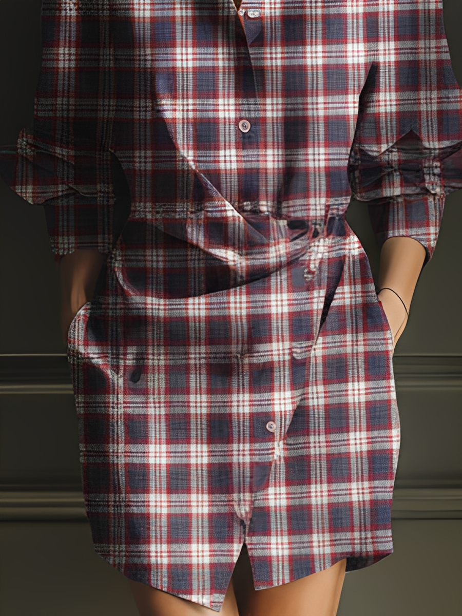 Women's Red And Blue Plaid Cotton Fitted Shirt Dress MDA2713K5T