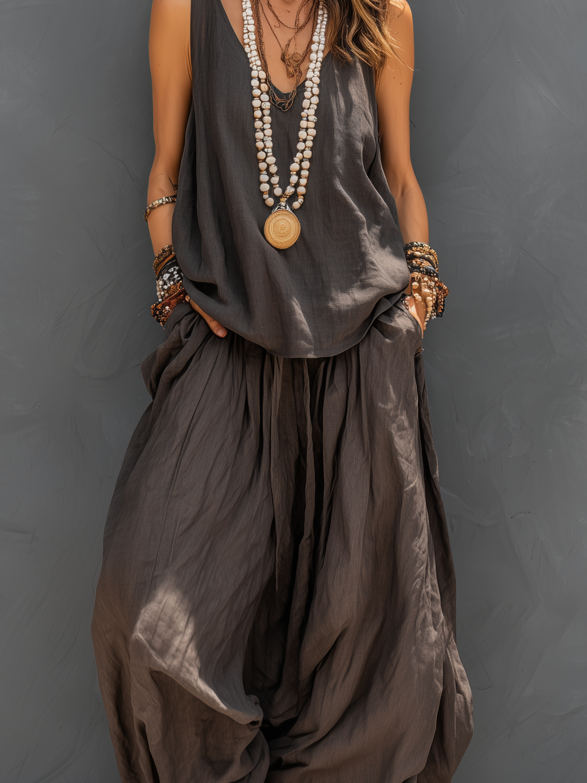 Women's Casual Dark Gray Cotton-linen Blend Sleeveless Vest Top Paired With Loose-fitting Trousers Set MDZ2714B2AN