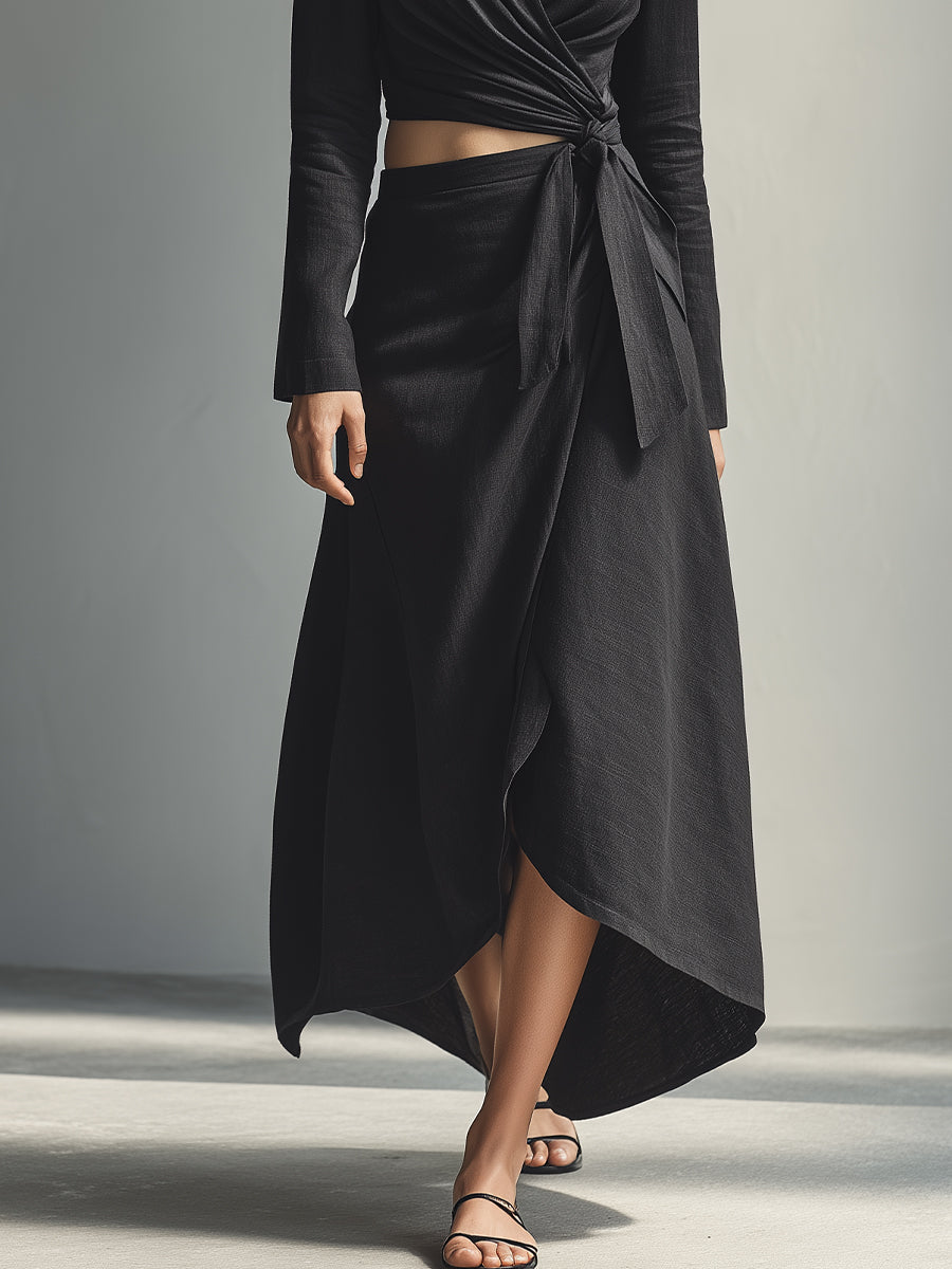 Women's Black Linen Blend Relaxed-Fit Set With Blazer Collar & Asymmetric Hem, Timeless Sophisticated Style Set MDA1588L7I