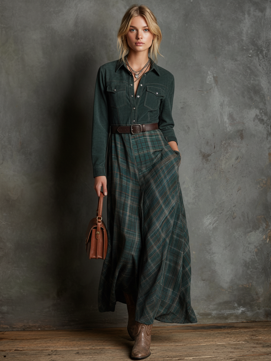 Women's Minimalist Faux Suede Shirt And Plaid Skirt Set (Including Belt) MDA2584J0Y